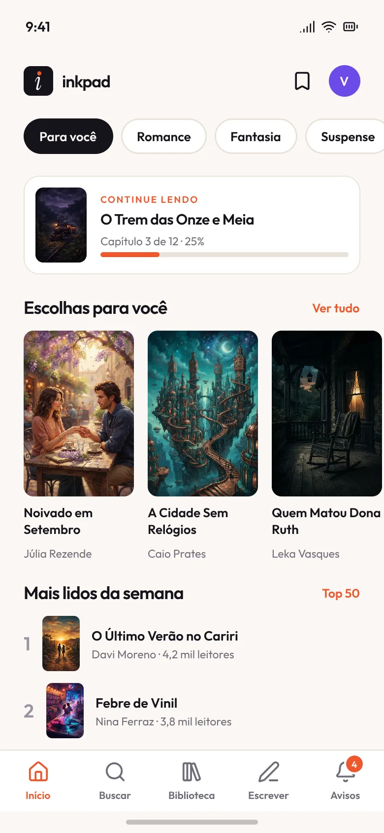 Tela inicial do app inkpad, com a leitura em andamento e sugestões de histórias